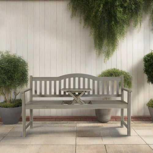 Huntington Outdoor Garden Bench, Antique Grey Acacia Wood Bench with Pop Up Table