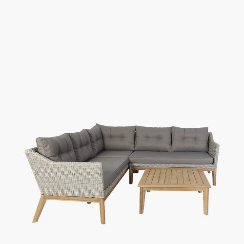 Burton Garden Furniture Corner Lounge Set, Light Grey, Natural Wood