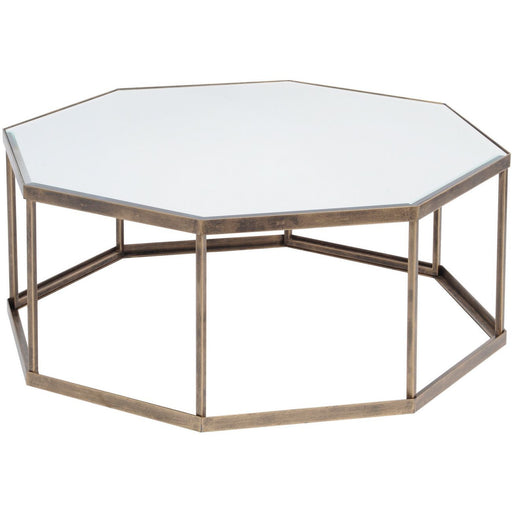 Yvette Octagonal Coffee Table, Antique Gold, Metal Legs, Glass Top