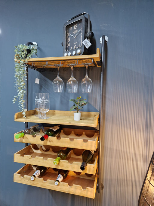 Rustic Wall Wine Rack, 18 Bottle Wine Storage, Mango Wood Shelves, Metal Frame