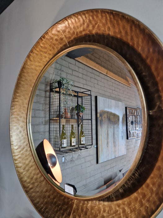 Round Metal Wall Mirror In A Distressed Hammered Gold Finish ( Back In Stock 01/11/23 )