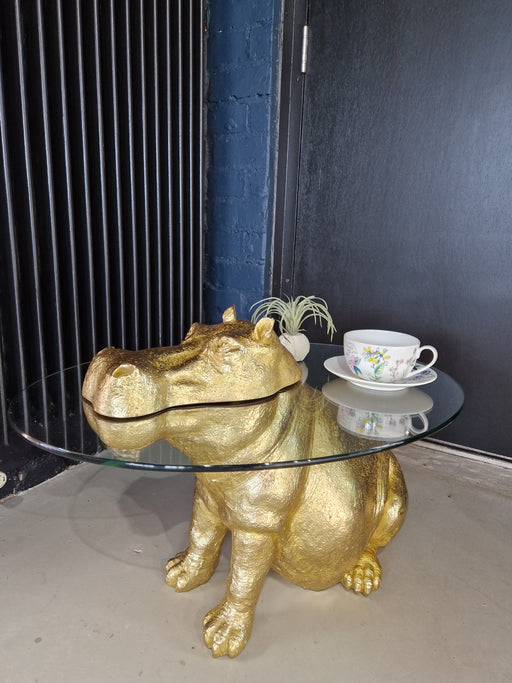 Large Side Coffee Table, Gold Hippo, Round Glass Top 