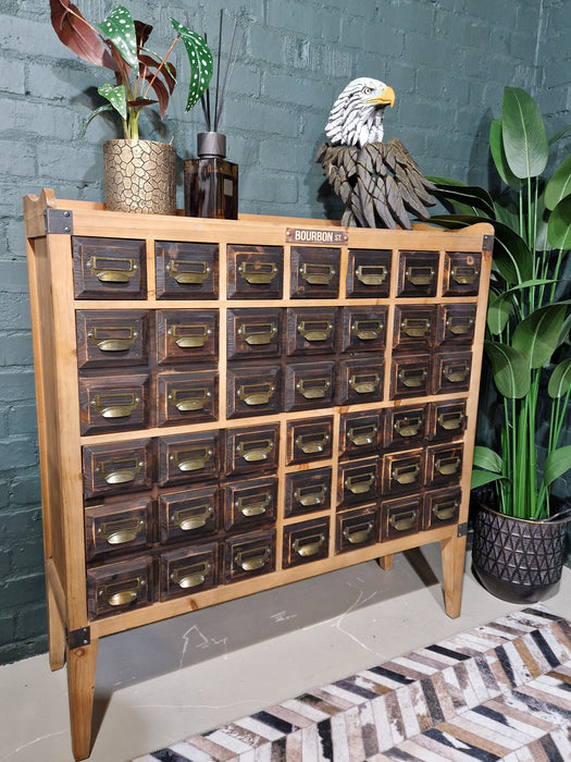 Apothecary Wooden Sideboard Cabinet, Multi Drawer, Distressed Dark, Light Wood, Due Back In Soon