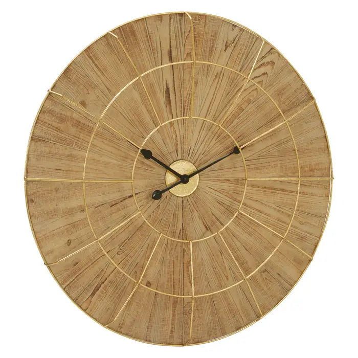 Parker Wall Clock, Round, Natural Wood, Gold Metal