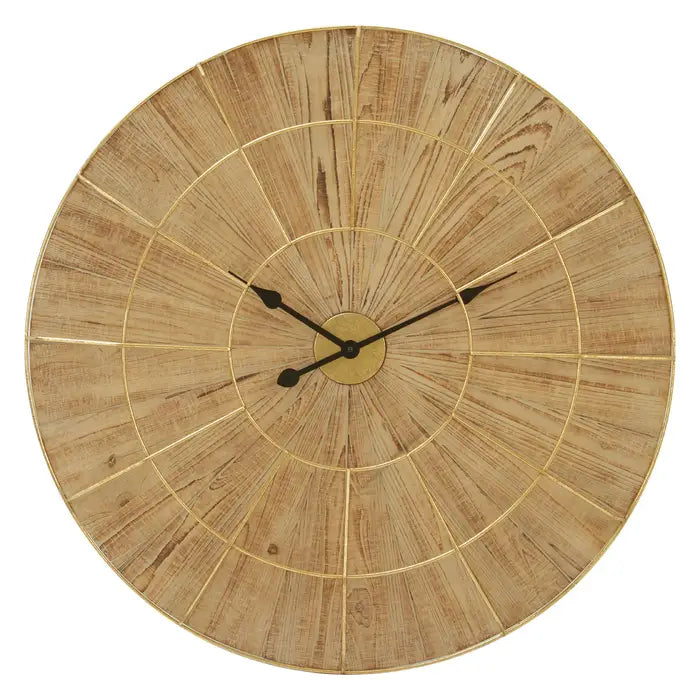 Parker Wall Clock, Round, Natural Wood, Gold Metal
