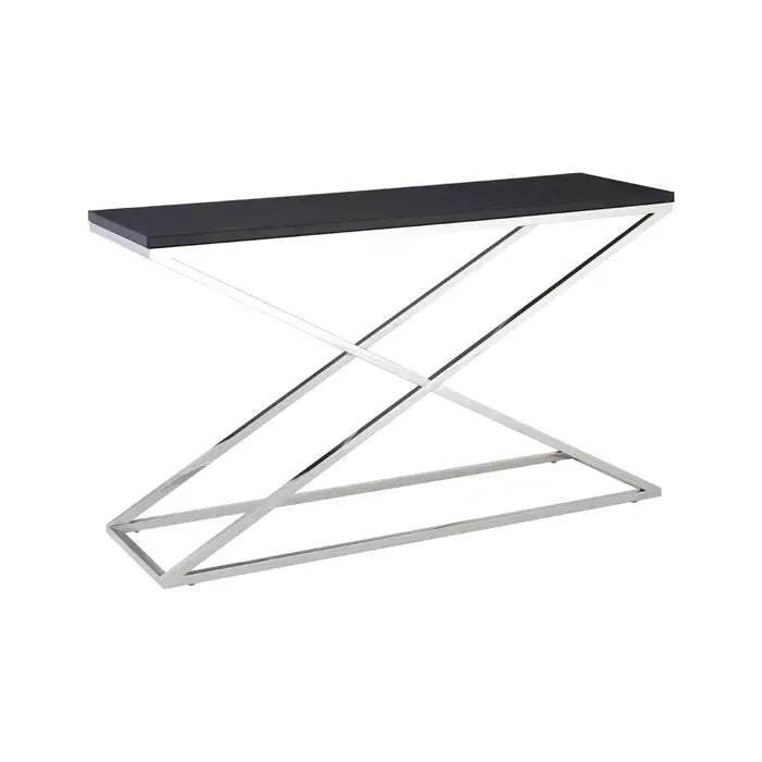 Tribute Console Table, Silver Stainless Steel Frame, Black Leather, Table Top