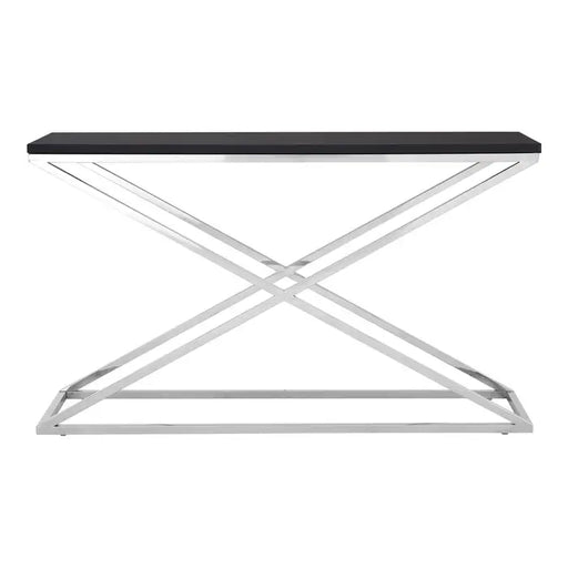 Tribute Console Table, Silver Stainless Steel Frame, Black Leather, Table Top 
