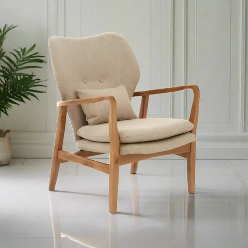 Chesterfield Accent Armchair, Beige Fabric, Natural Wood Frame