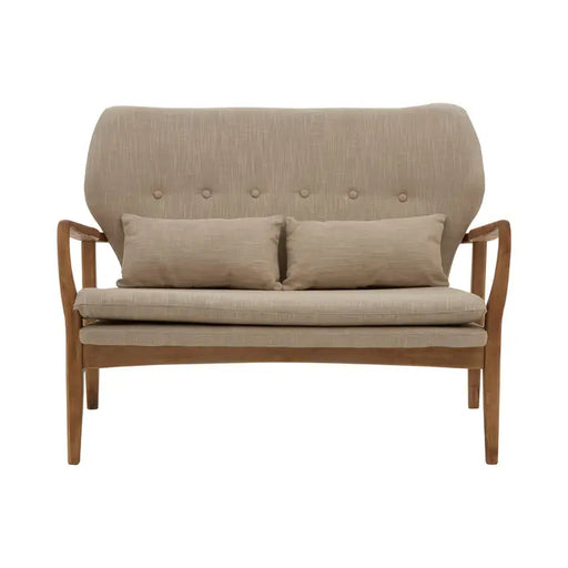 Stockholm 2 Seater Sofa, Beige Fabric, Buttin Detail, Birchwood Frame, Matching Cushions