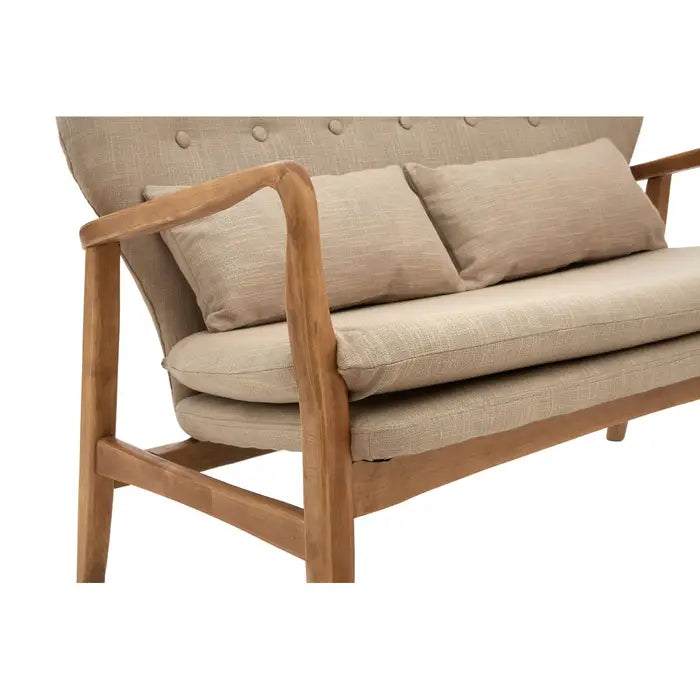 Stockholm 2 Seater Sofa, Beige Fabric, Buttin Detail, Birchwood Frame, Matching Cushions