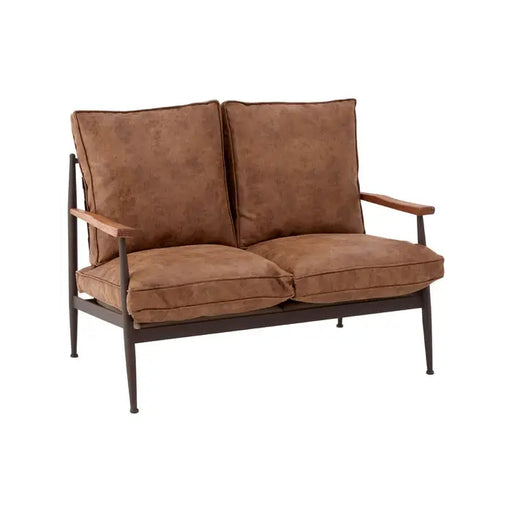 New Foundry 2 Seater Sofa, Brown Leather, Metal Frame, Wooden Arms