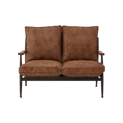 New Foundry 2 Seater Sofa, Brown Leather, Metal Frame, Wooden Arms