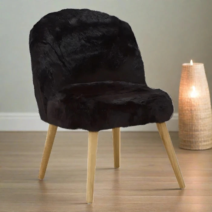 Cabaret Accent Chair, Black Fur, Natural Wood Legs