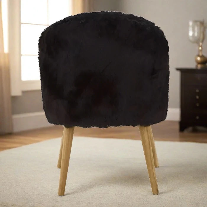 Chester Accent Chair, Black Fur, Natural Wood Legs
