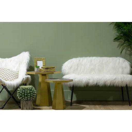 Sienna Faux Fur Sofa, White Seat, Black Metal Legs