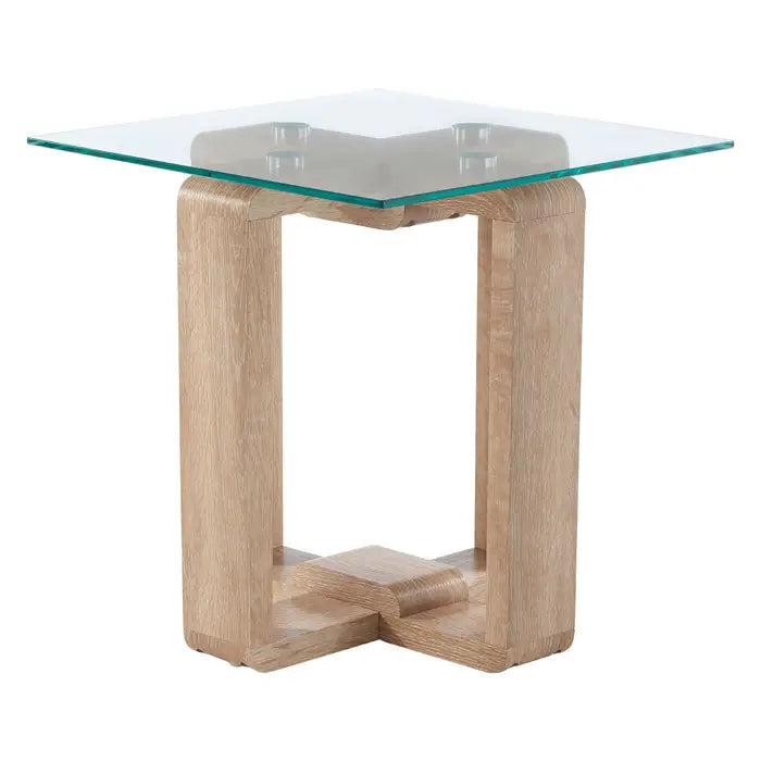 Barton Side Table, Clear Tempered Glass Square Top, Natural Oak Frame