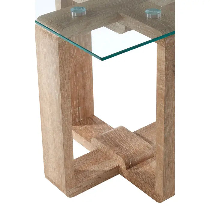 Barton Side Table, Clear Tempered Glass Square Top, Natural Oak Frame