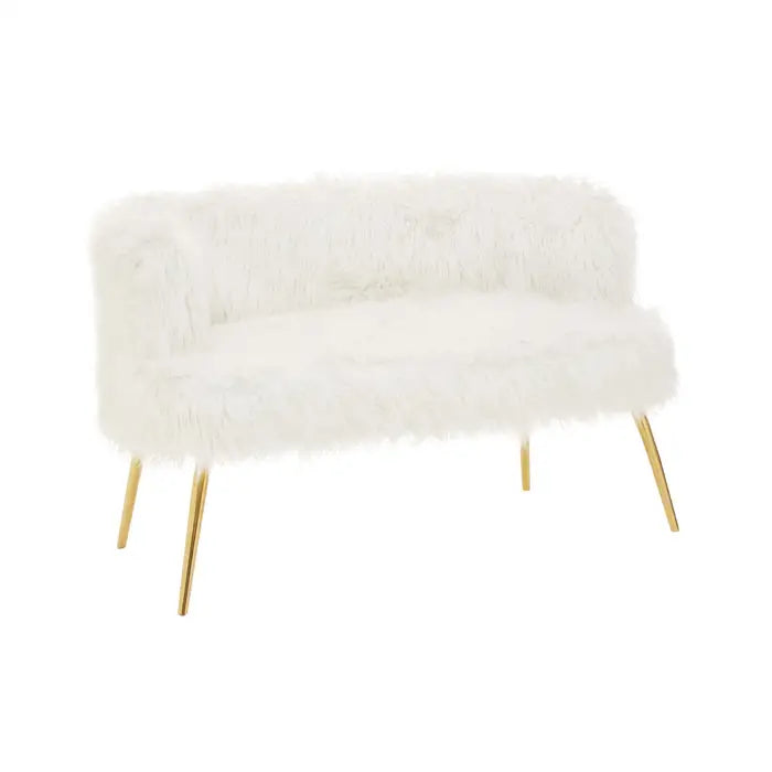 Sienna Faux Fur Sofa, White, Gold Metal Legs 
