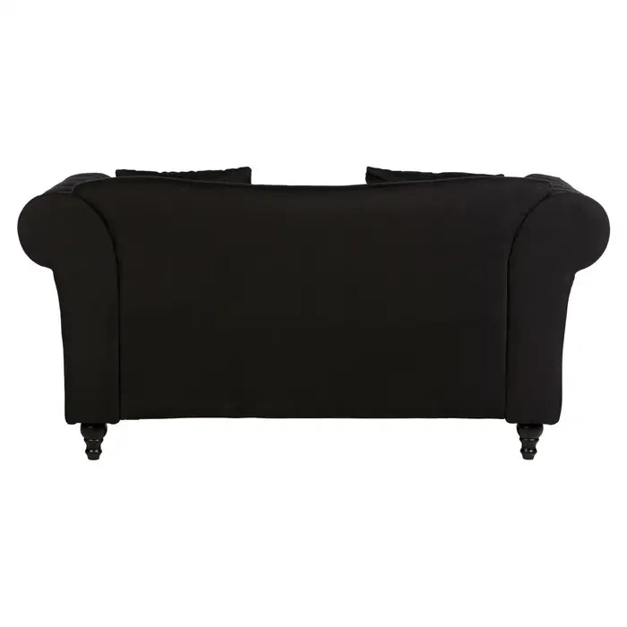 Fable 2 Seat Sofa, Black Chesterfield Fabric, Eucalyptus Wooden Legs, Scroll Arms, Button Tufted Back