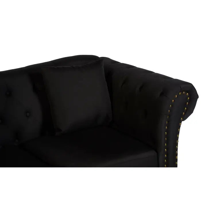 Fable 2 Seat Sofa, Black Chesterfield Fabric, Eucalyptus Wooden Legs, Scroll Arms, Button Tufted Back