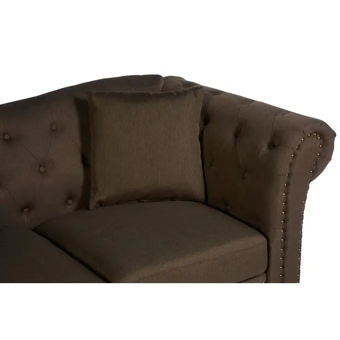 Fable 2 Seat Sofa, Natural Chesterfield Fabric, Button Tufted Back, Wooden Legs, Scroll Arms