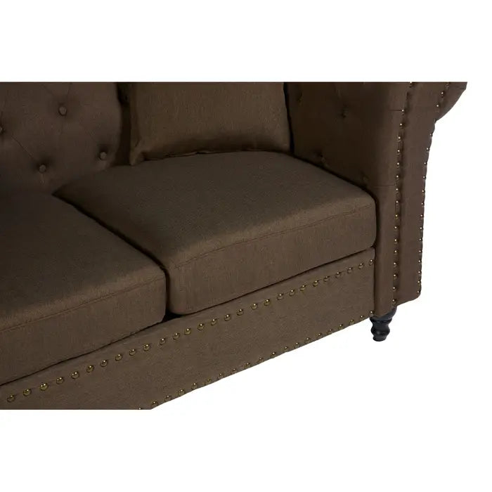 Fable 2 Seat Sofa, Natural Chesterfield Fabric, Button Tufted Back, Wooden Legs, Scroll Arms