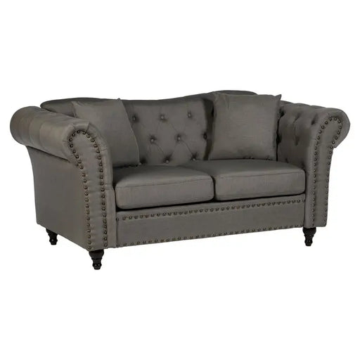 Fable 2 Seat Sofa, Grey Chesterfield Fabric, Scroll Arms, Eucalyptus Wooden Legs, Button Tufted Back