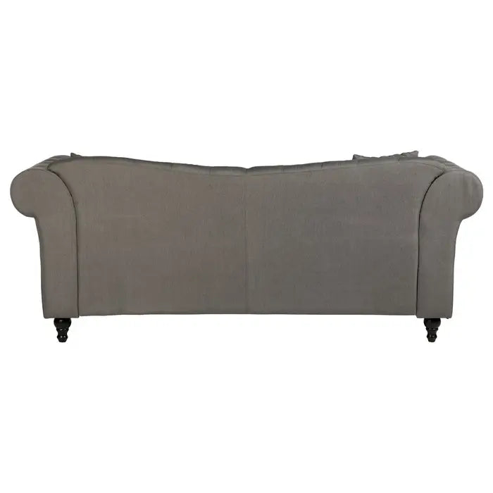 Fable 3 Seat Sofa, Grey Chesterfield Fabric, Eucalyptus Wooden Legs, Button Tufted Back, Scroll Arms