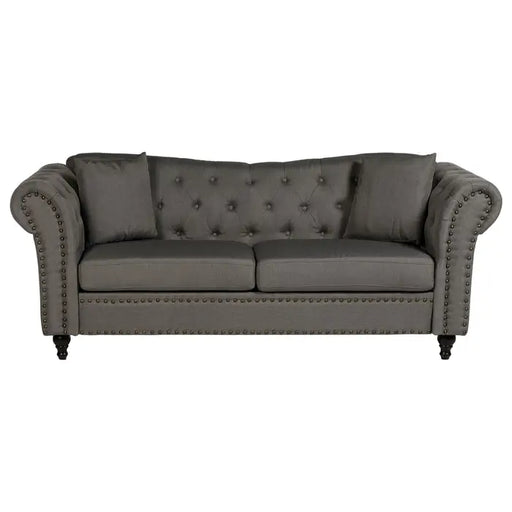Fable 3 Seat Sofa, Grey Chesterfield Fabric, Eucalyptus Wooden Legs, Button Tufted Back, Scroll Arms