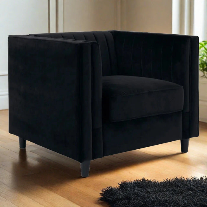 Farah Armchair / Accent Chair, Black Velvet, Black Wood Legs