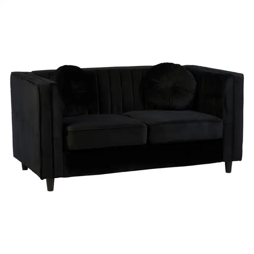 Farah 2 Seater Sofa, Black Velvet, Black Wooden Legs, Two Round Cushions