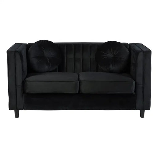 Farah 2 Seater Sofa, Black Velvet, Black Wooden Legs, Two Round Cushions
