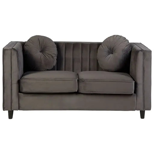 Farah 2 Seater Sofa, Grey Velvet, Black Wooden feet, Two Round Matching Cushions
