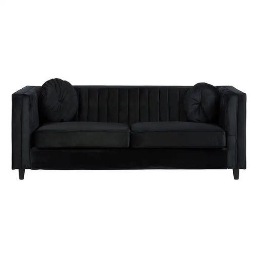 Farah Three Seater Sofa, Wooden Legs, Black Velvet, Two Round Matching Cushions 