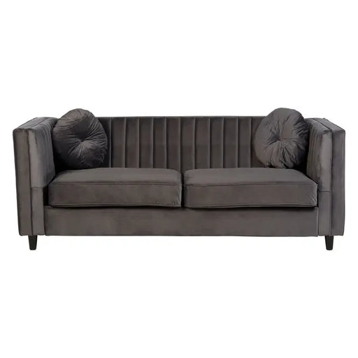 Farah 3 Seater Sofa, Grey Velvet, Wooden Legs, Two Round Matching Cushions