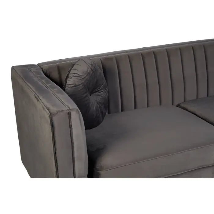 Farah 3 Seater Sofa, Grey Velvet, Wooden Legs, Two Round Matching Cushions