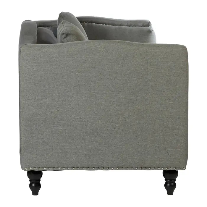 Feya 2 Seater Sofa, Soft Grey Fabric, Black Wooden feet, Low Back