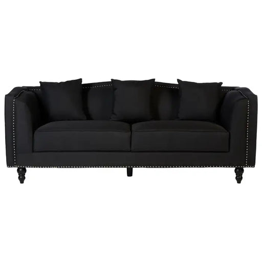 Feya 3 Seater Sofa, Black Fabric, Wooden Lags, Low Back, Matching Cushions