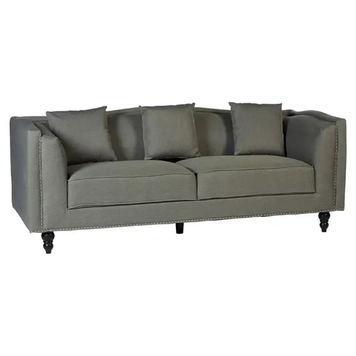 Feya Three Seater Sofa, Soft Grey Fabric, Black Wooden Feet, 3 Square Matching Cushions