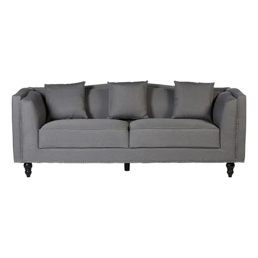 Feya Three Seater Sofa, Soft Grey Fabric, Black Wooden Feet, 3 Square Matching Cushions