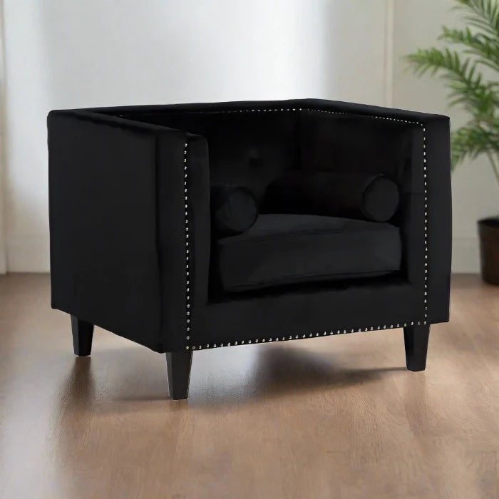 Felisa Studded Armchair, Black Velvet, Black Wood Legs