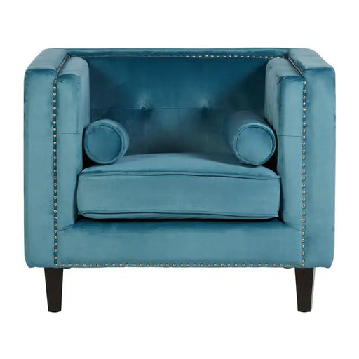 Felisa Studded Armchair, Blue Velvet, Black Wood Legs