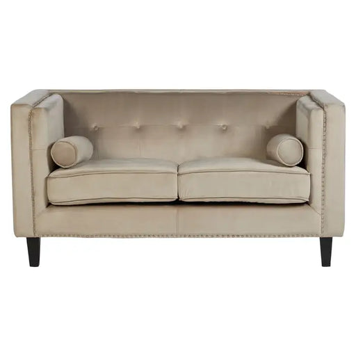 Felisa Two Seater Sofa,  Mink Velvet, Black Wooden Legs, Two Cylindrical Cushions