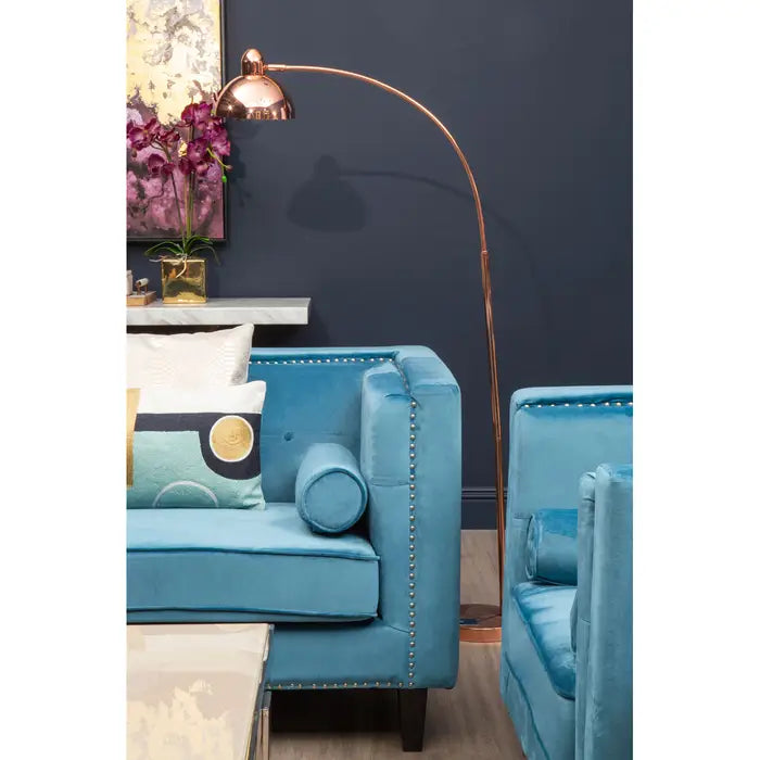 Felisa 2 Seater Sofa, Sky Blue Velvet, Wooden Black Legs, Square Angular Design