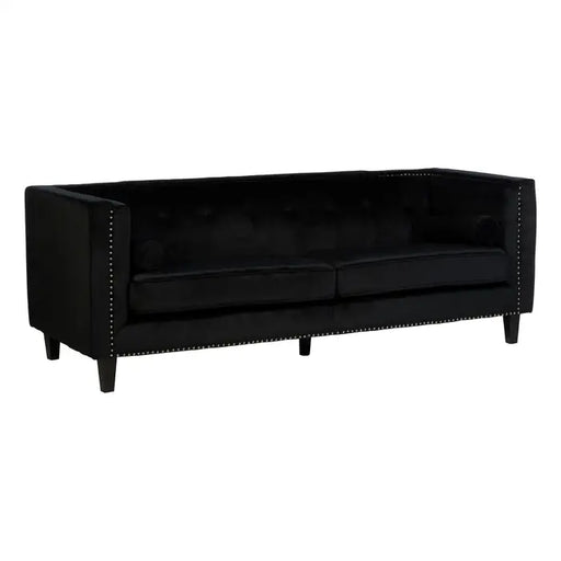 Felisa 3 Seater Sofa, Black Velvet, Black Wooden Legs, Two Cylindrical Cushions