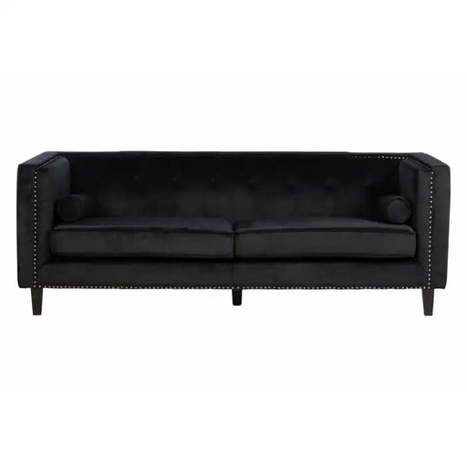 Felisa 3 Seater Sofa, Black Velvet, Black Wooden Legs, Two Cylindrical Cushions