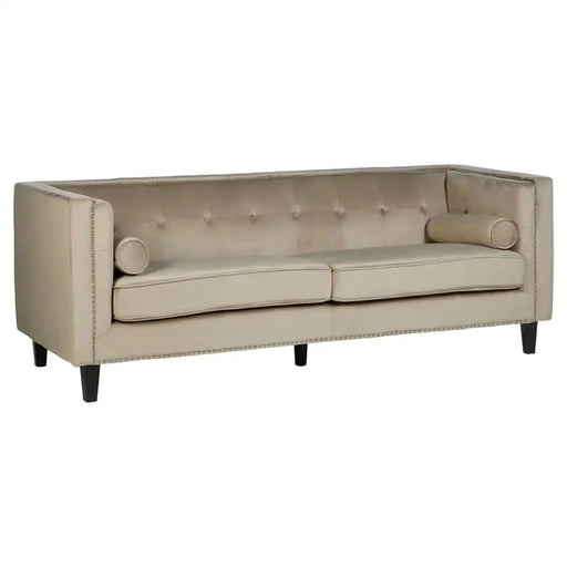 Felisa 3 Seater Sofa, Mink Velvet, Black Wooden Legs, Two Cylindrical Cushions