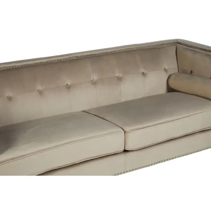 Felisa 3 Seater Sofa, Mink Velvet, Black Wooden Legs, Two Cylindrical Cushions