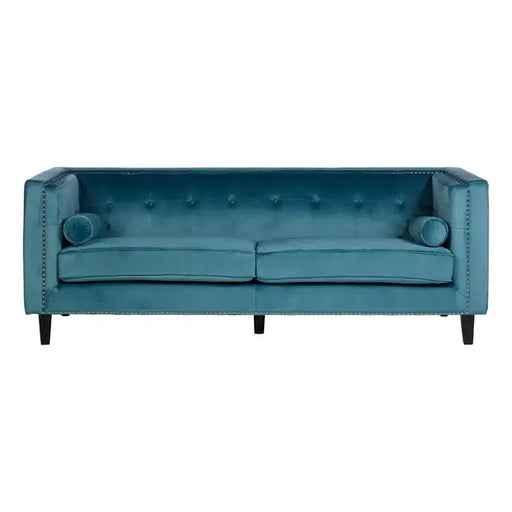 Felisa 3 Seater Sofa, Blue Velvet, Two Cylindrical Cushions, Square, Angular Design