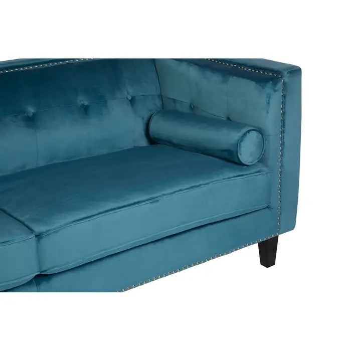 Felisa 3 Seater Sofa, Blue Velvet, Two Cylindrical Cushions, Square, Angular Design